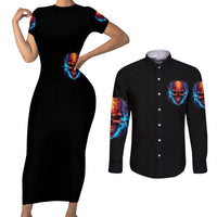 Thunder Skull Couples Matching Short Sleeve Bodycon Dress and Long Sleeve Button Shirts I Can't Go To Hell Devil Restrainning Order Against Me - Wonder Print Shop