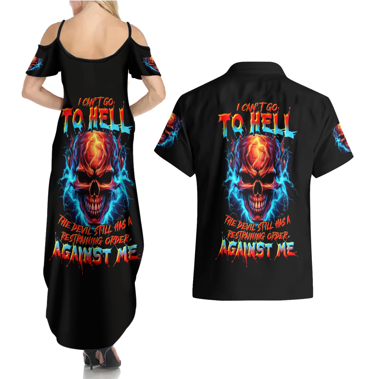 Thunder Skull Couples Matching Summer Maxi Dress and Hawaiian Shirt I Can't Go To Hell Devil Restrainning Order Against Me - Wonder Print Shop