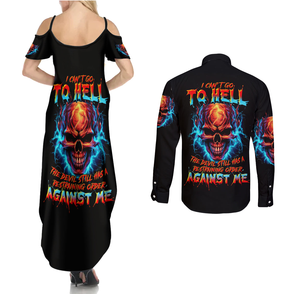 Thunder Skull Couples Matching Summer Maxi Dress and Long Sleeve Button Shirts I Can't Go To Hell Devil Restrainning Order Against Me - Wonder Print Shop