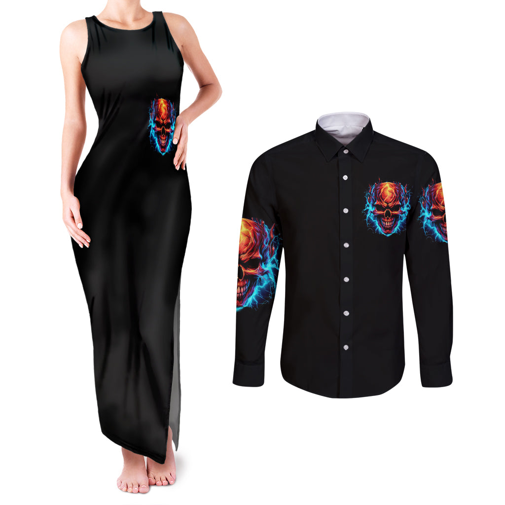 Thunder Skull Couples Matching Tank Maxi Dress and Long Sleeve Button Shirts I Can't Go To Hell Devil Restrainning Order Against Me - Wonder Print Shop