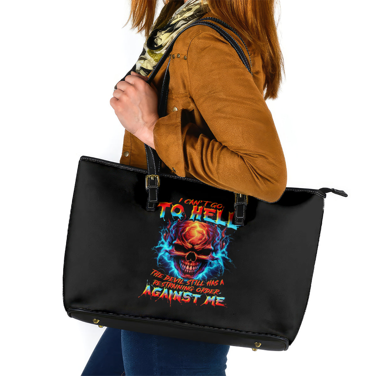 Thunder Skull Leather Tote Bag I Can't Go To Hell Devil Restrainning Order Against Me - Wonder Print Shop