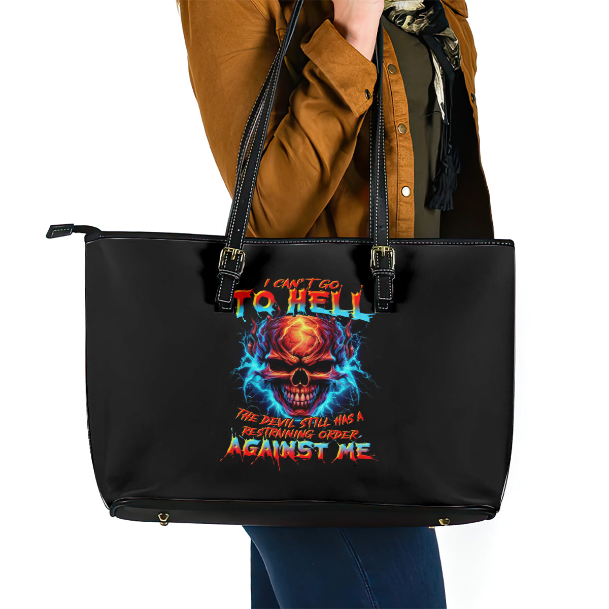Thunder Skull Leather Tote Bag I Can't Go To Hell Devil Restrainning Order Against Me - Wonder Print Shop