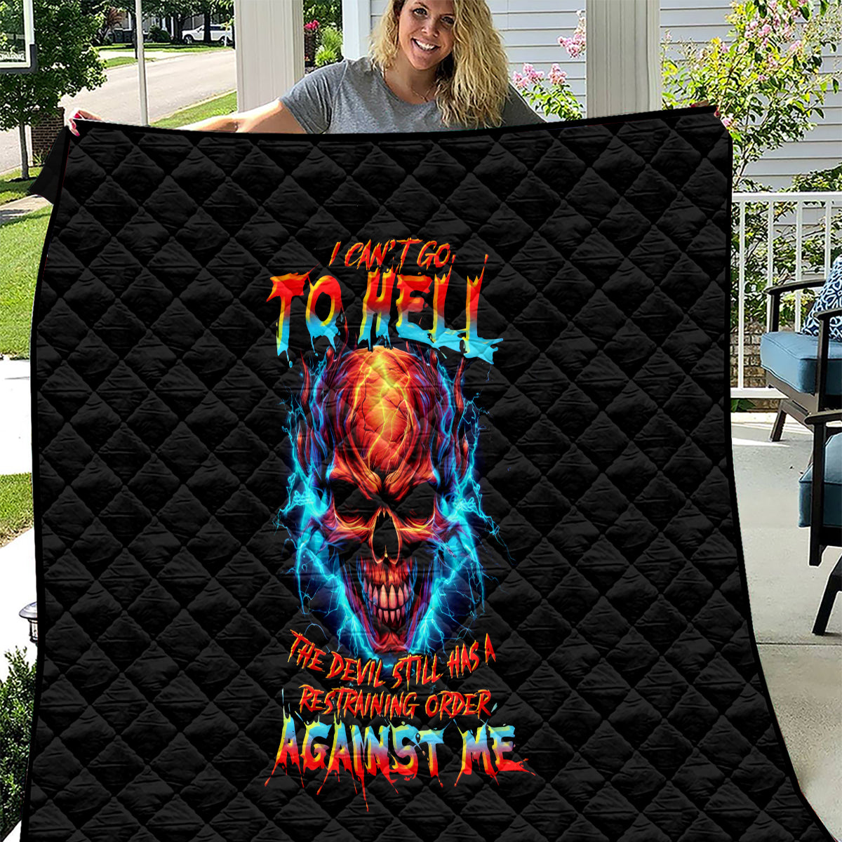 Thunder Skull Quilt I Can't Go To Hell Devil Restrainning Order Against Me - Wonder Print Shop