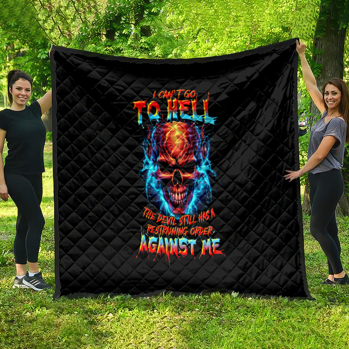 Thunder Skull Quilt I Can't Go To Hell Devil Restrainning Order Against Me - Wonder Print Shop