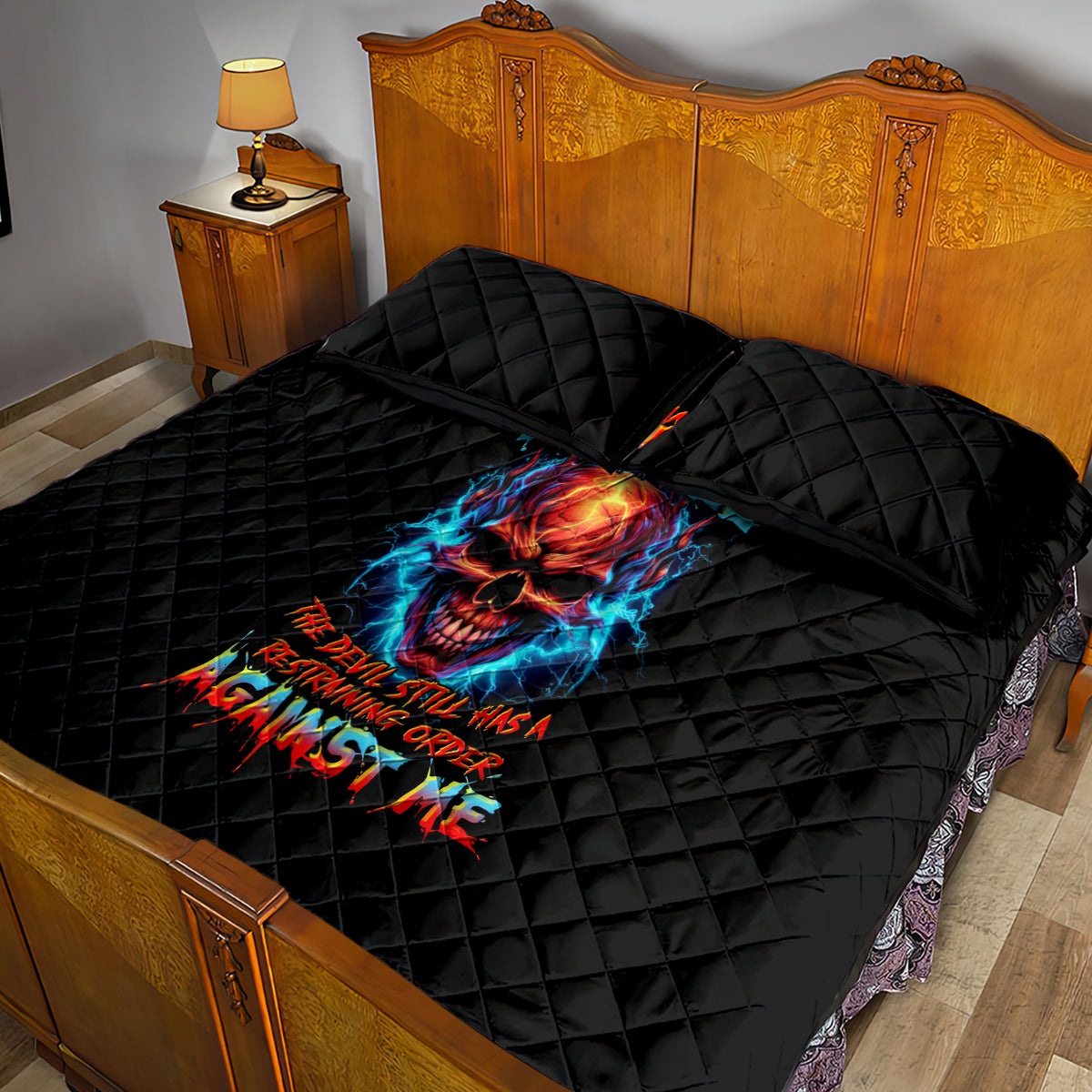 Thunder Skull Quilt Bed Set I Can't Go To Hell Devil Restrainning Order Against Me - Wonder Print Shop