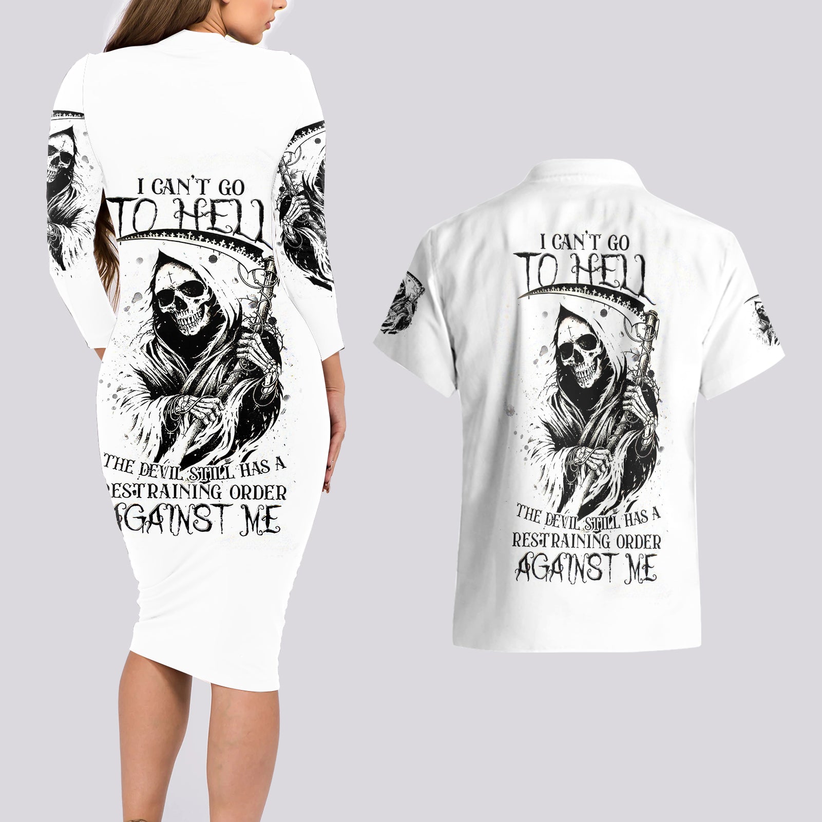 Skull Reaper Couples Matching Long Sleeve Bodycon Dress and Hawaiian Shirt I Can't Go To Hell Devil Restrainning Order Against Me - Wonder Print Shop
