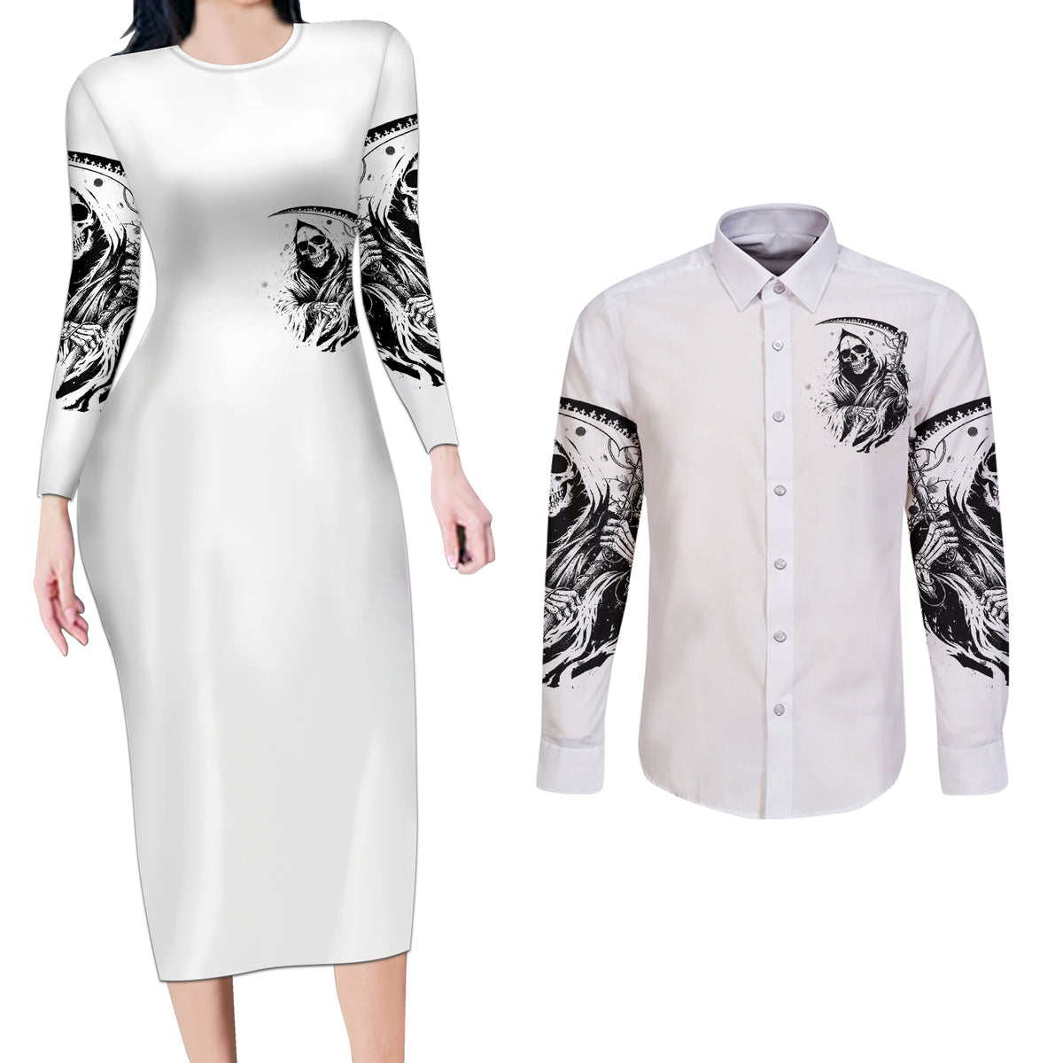 Skull Reaper Couples Matching Long Sleeve Bodycon Dress and Long Sleeve Button Shirts I Can't Go To Hell Devil Restrainning Order Against Me - Wonder Print Shop