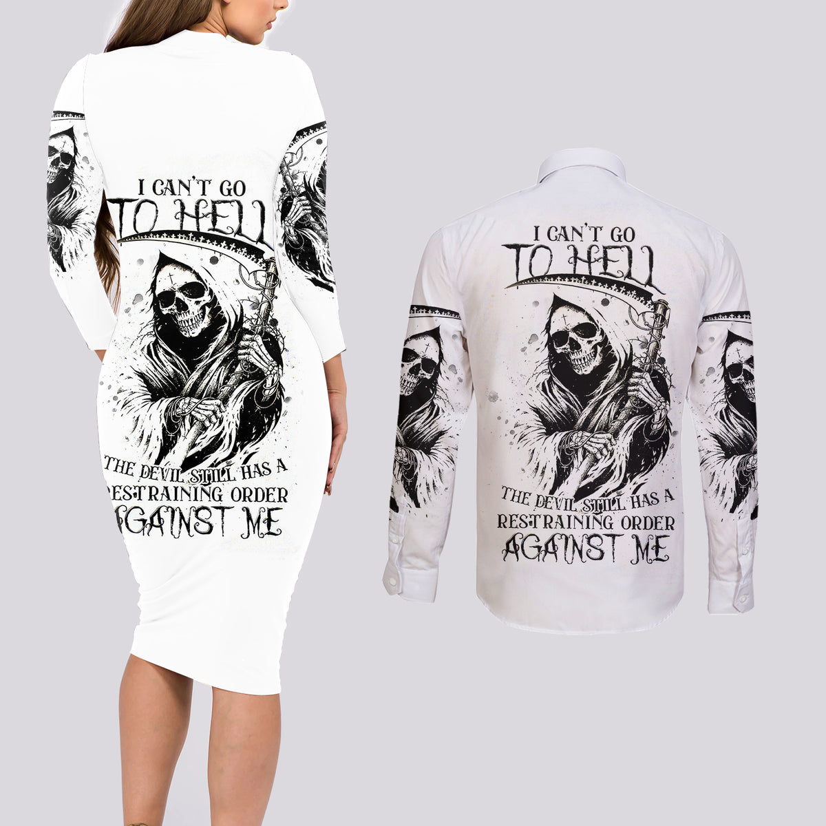 Skull Reaper Couples Matching Long Sleeve Bodycon Dress and Long Sleeve Button Shirts I Can't Go To Hell Devil Restrainning Order Against Me - Wonder Print Shop