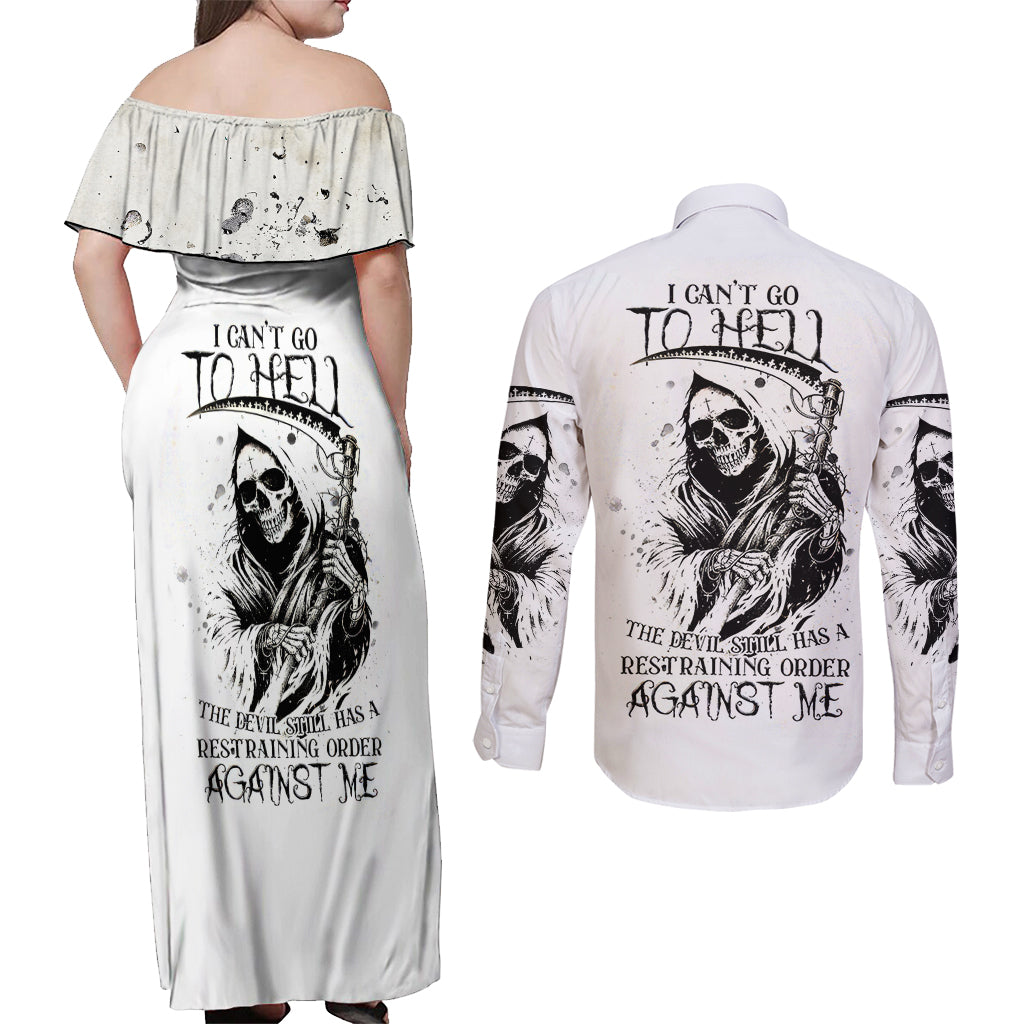 Skull Reaper Couples Matching Off Shoulder Maxi Dress and Long Sleeve Button Shirts I Can't Go To Hell Devil Restrainning Order Against Me - Wonder Print Shop