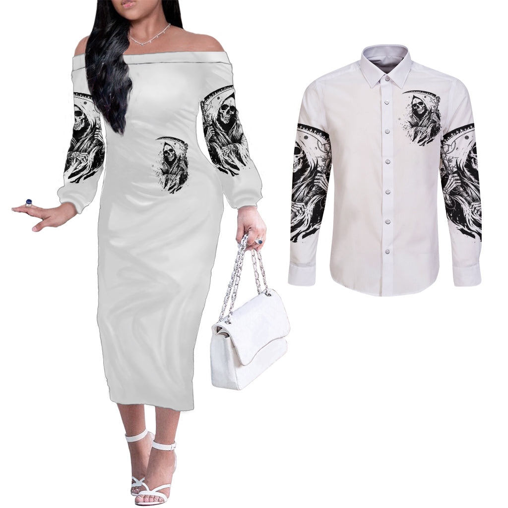 Skull Reaper Couples Matching Off The Shoulder Long Sleeve Dress and Long Sleeve Button Shirts I Can't Go To Hell Devil Restrainning Order Against Me DT01