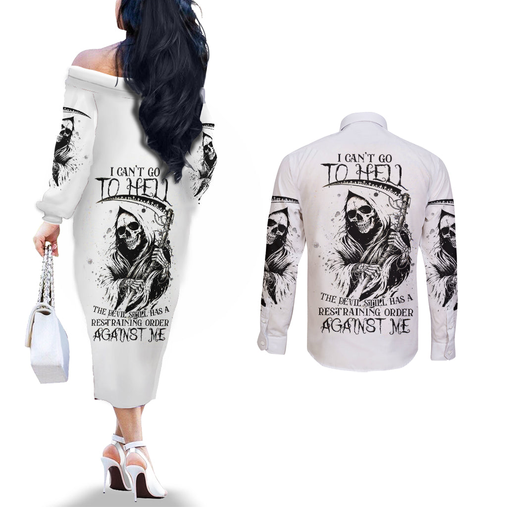 Skull Reaper Couples Matching Off The Shoulder Long Sleeve Dress and Long Sleeve Button Shirts I Can't Go To Hell Devil Restrainning Order Against Me DT01