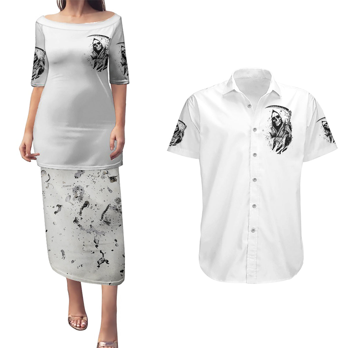Skull Reaper Couples Matching Puletasi Dress and Hawaiian Shirt I Can't Go To Hell Devil Restrainning Order Against Me - Wonder Print Shop