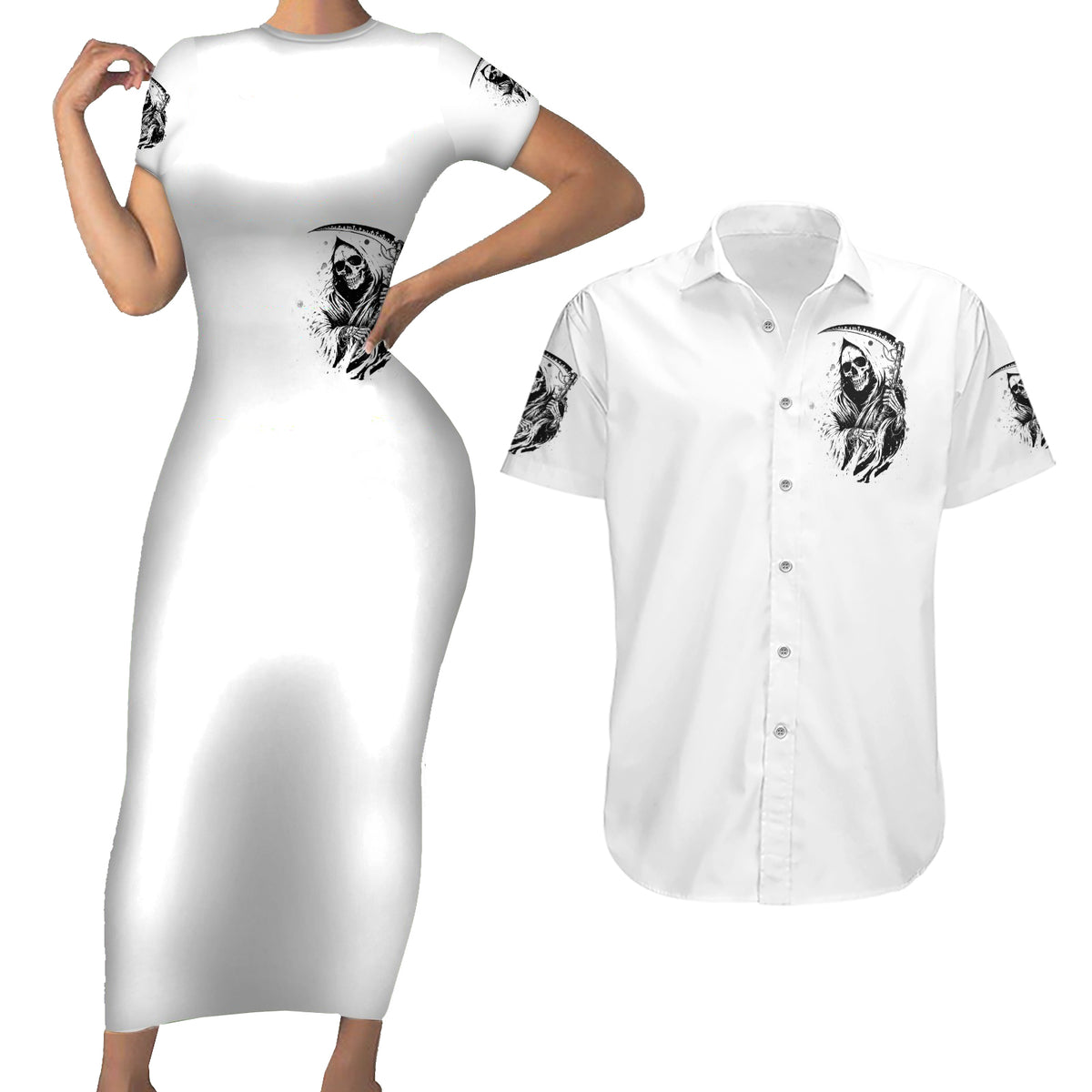 Skull Reaper Couples Matching Short Sleeve Bodycon Dress and Hawaiian Shirt I Can't Go To Hell Devil Restrainning Order Against Me - Wonder Print Shop