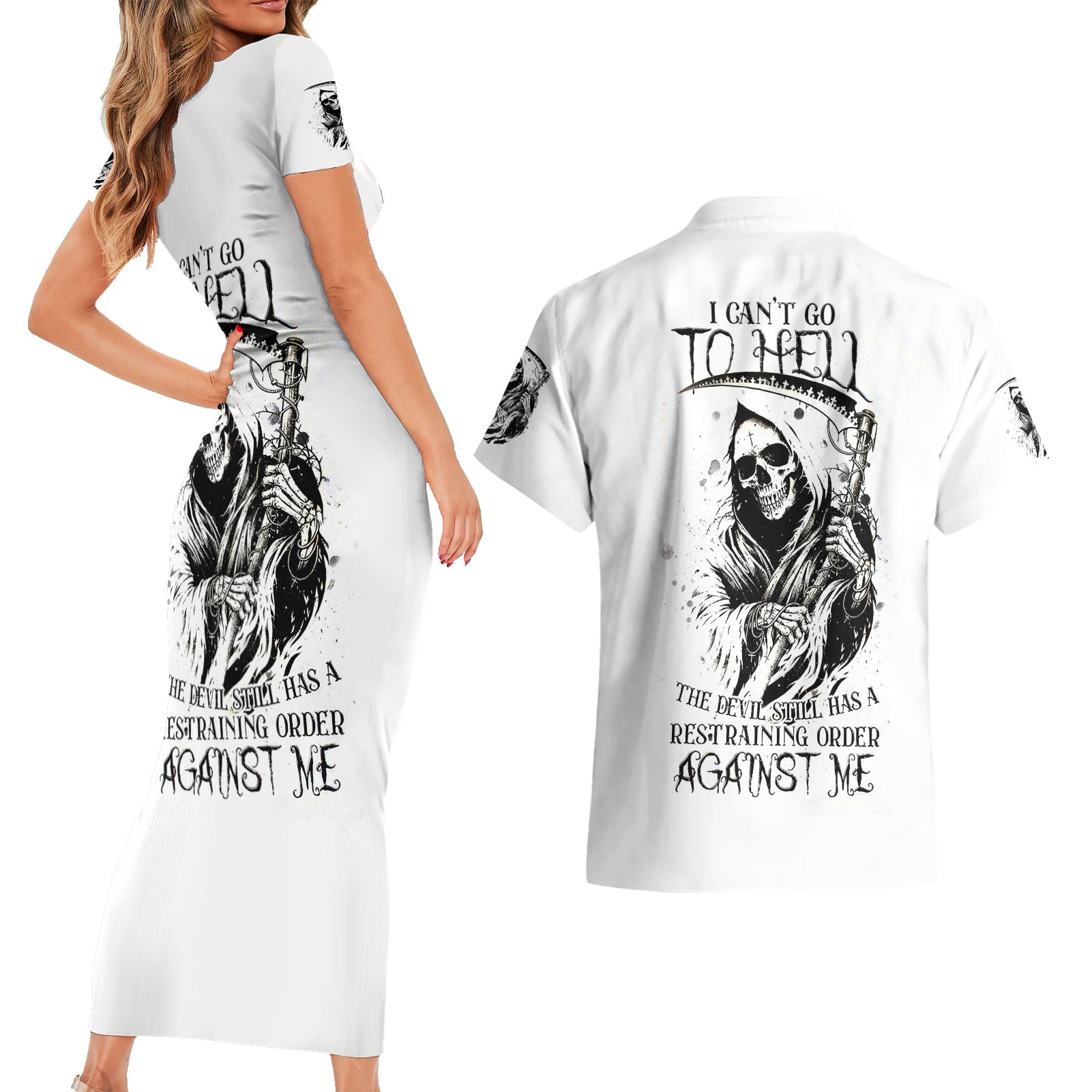 Skull Reaper Couples Matching Short Sleeve Bodycon Dress and Hawaiian Shirt I Can't Go To Hell Devil Restrainning Order Against Me - Wonder Print Shop
