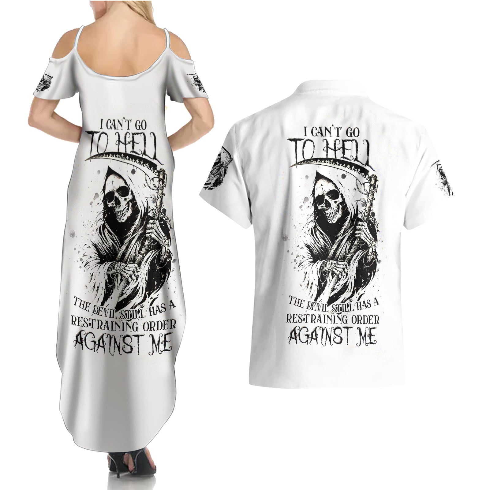 Skull Reaper Couples Matching Summer Maxi Dress and Hawaiian Shirt I Can't Go To Hell Devil Restrainning Order Against Me - Wonder Print Shop