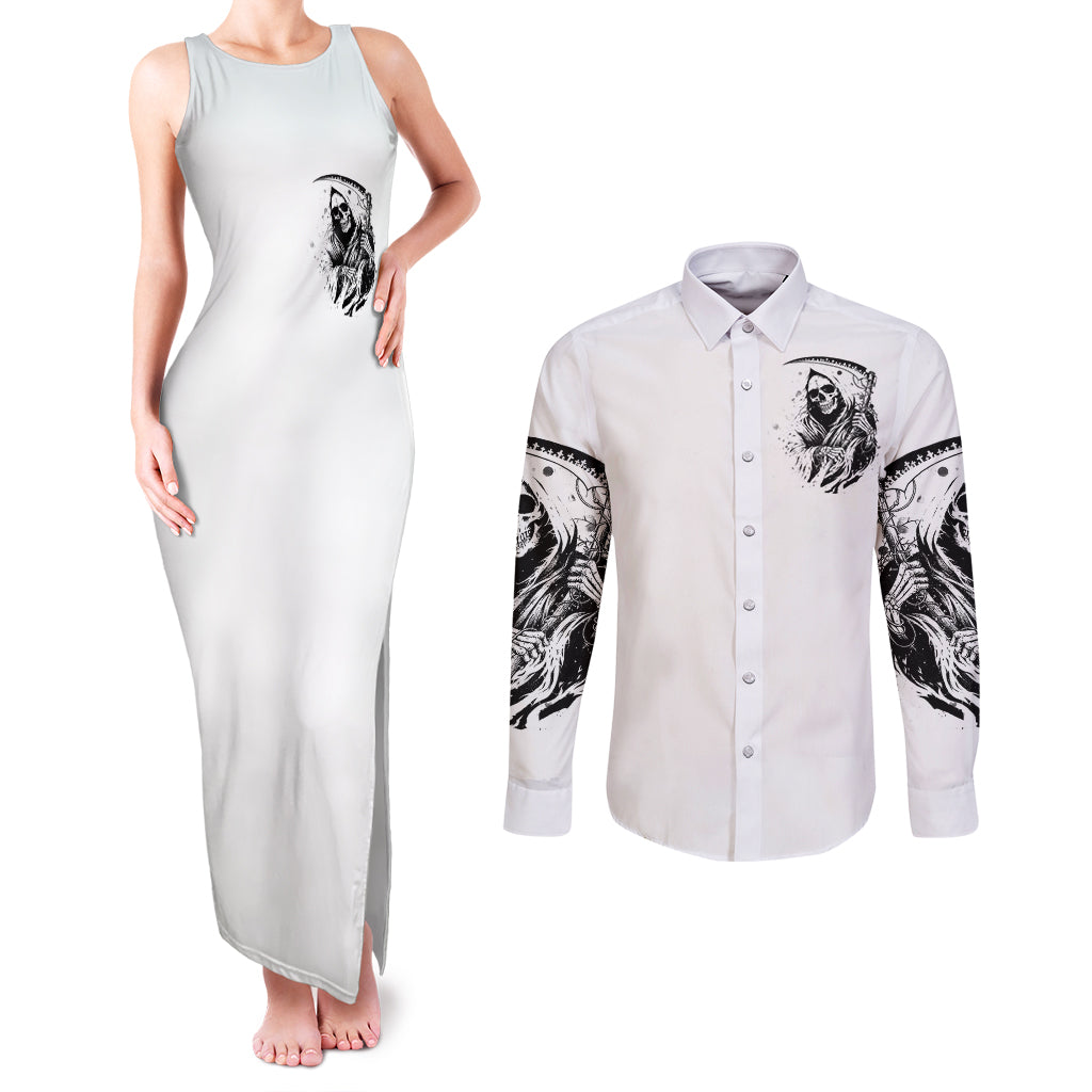 Skull Reaper Couples Matching Tank Maxi Dress and Long Sleeve Button Shirts I Can't Go To Hell Devil Restrainning Order Against Me - Wonder Print Shop