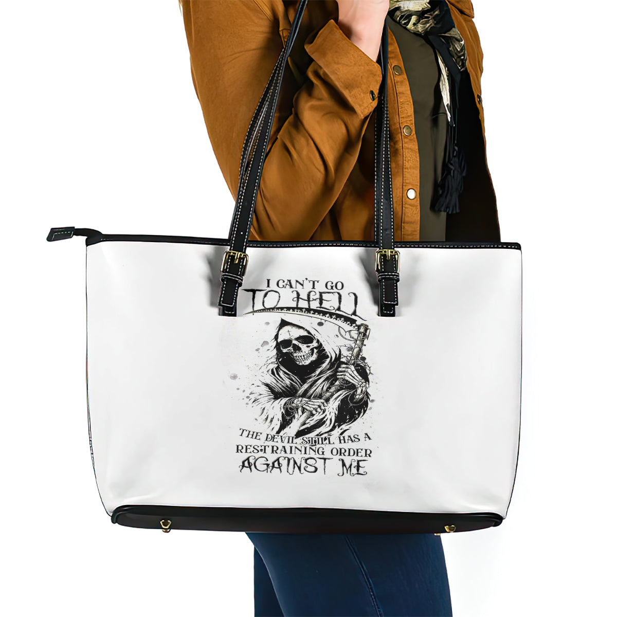 Skull Reaper Leather Tote Bag I Can't Go To Hell Devil Restrainning Order Against Me - Wonder Print Shop