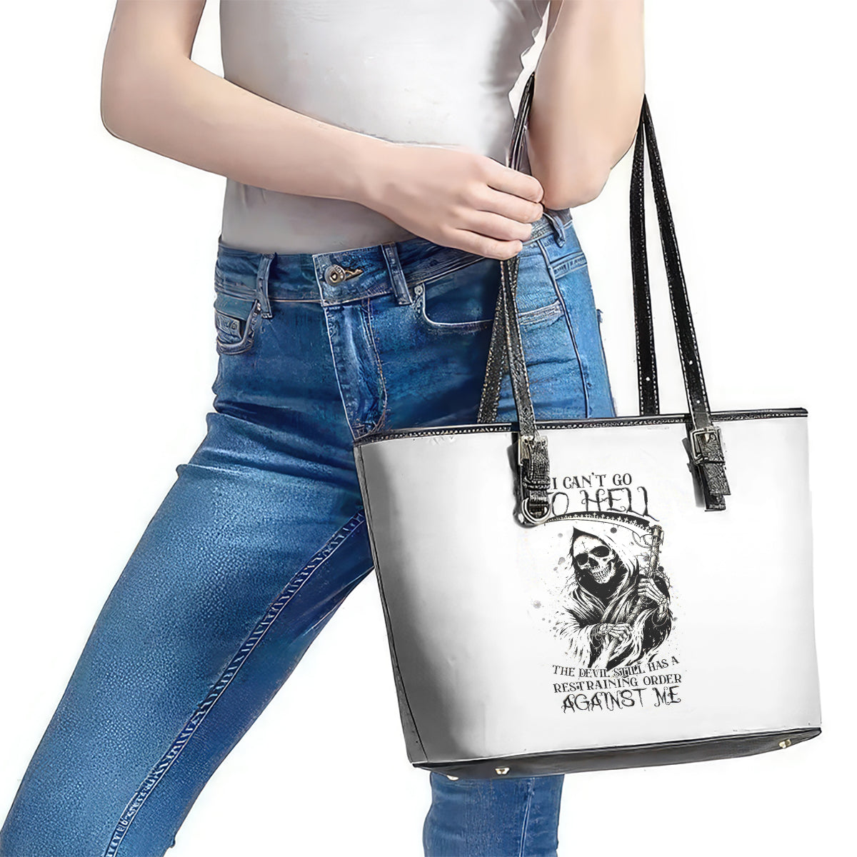 Skull Reaper Leather Tote Bag I Can't Go To Hell Devil Restrainning Order Against Me - Wonder Print Shop