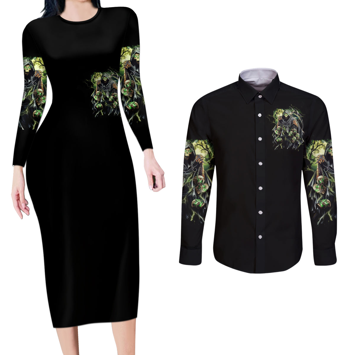 Skull Reaper Couples Matching Long Sleeve Bodycon Dress and Long Sleeve Button Shirts I Going To Hell Just Pick You Up - Wonder Print Shop