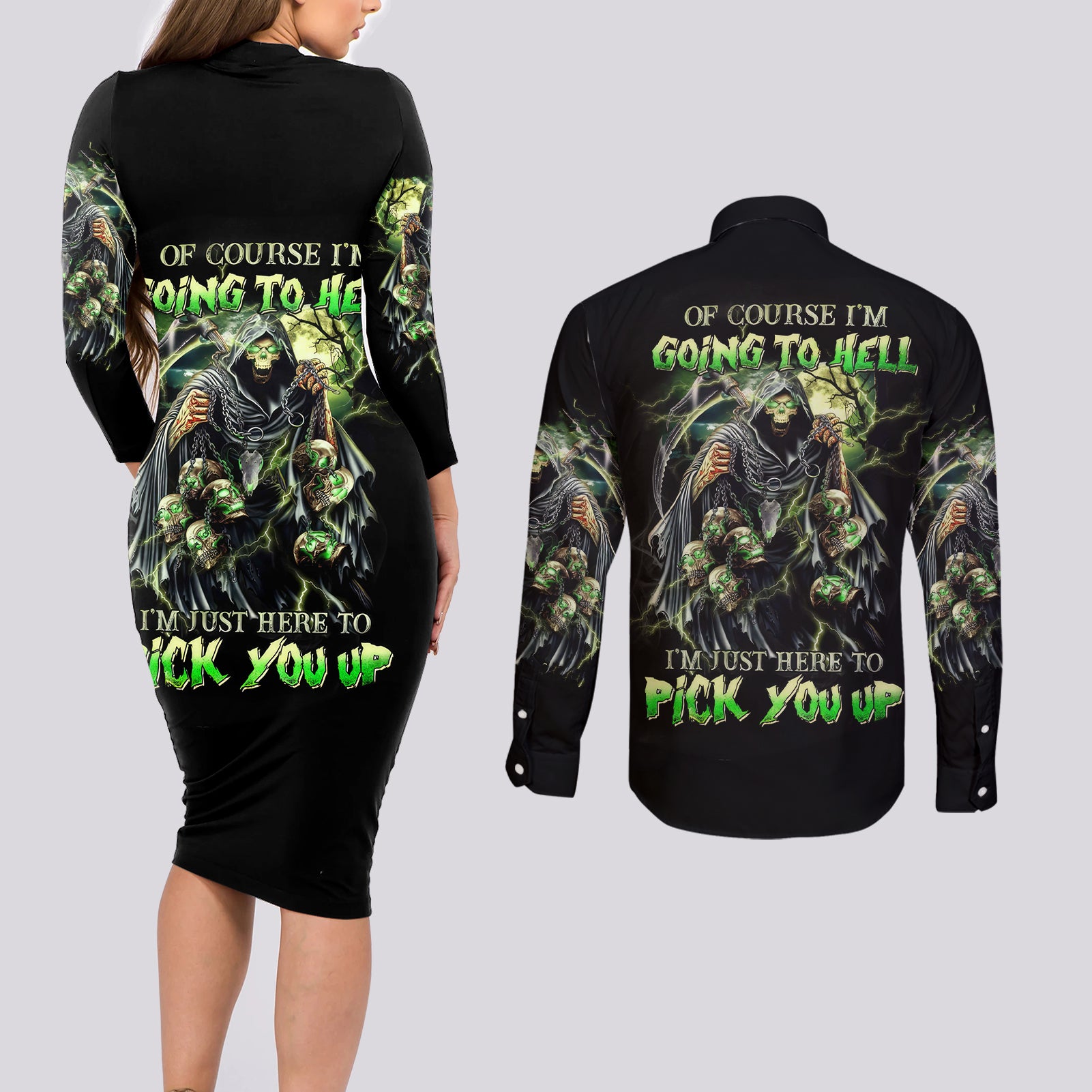Skull Reaper Couples Matching Long Sleeve Bodycon Dress and Long Sleeve Button Shirts I Going To Hell Just Pick You Up - Wonder Print Shop