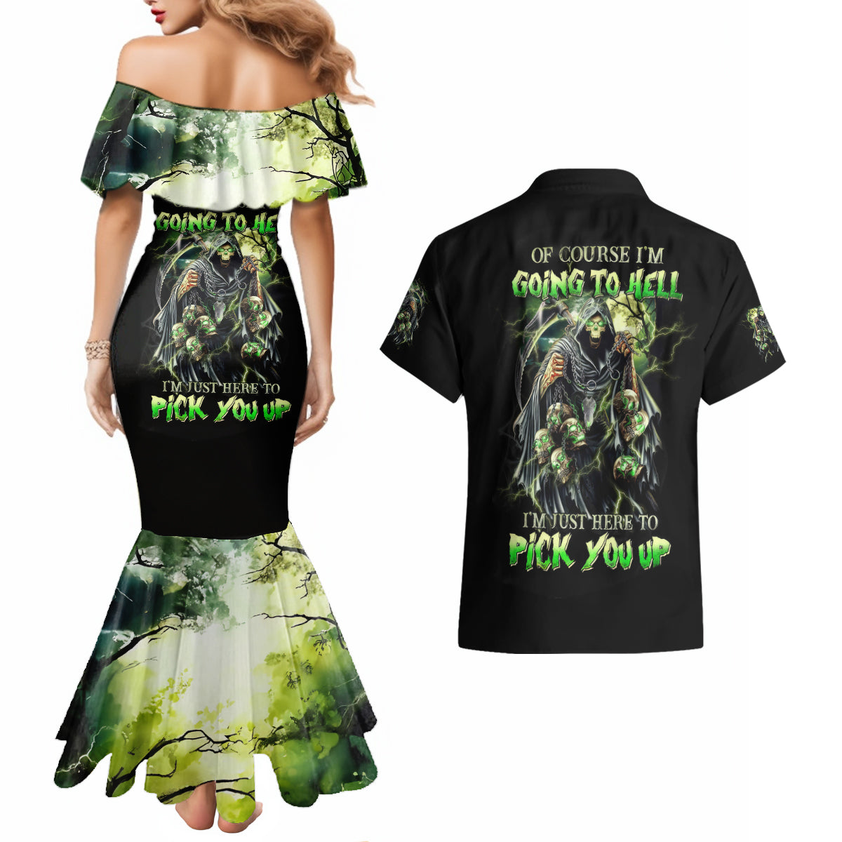 Skull Reaper Couples Matching Mermaid Dress and Hawaiian Shirt I Going To Hell Just Pick You Up - Wonder Print Shop