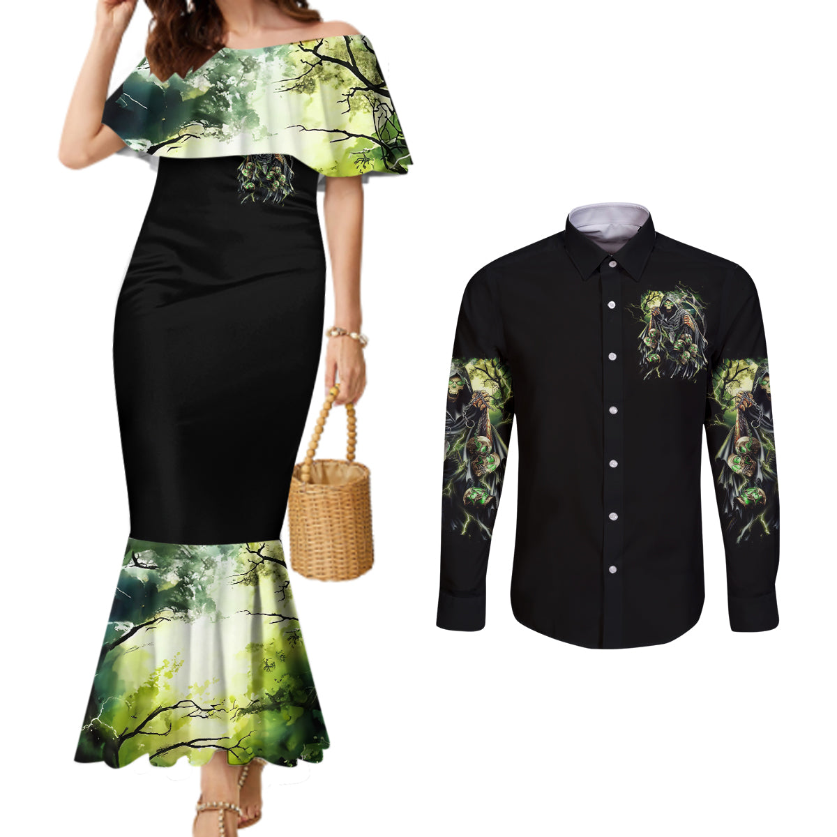 Skull Reaper Couples Matching Mermaid Dress and Long Sleeve Button Shirts I Going To Hell Just Pick You Up DT01