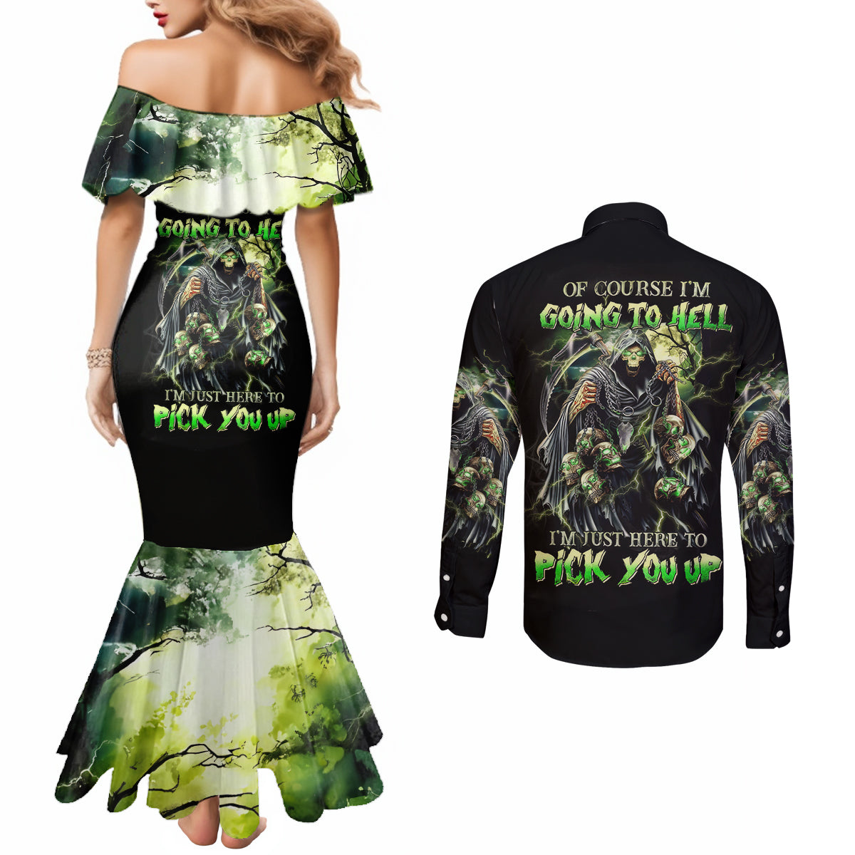 Skull Reaper Couples Matching Mermaid Dress and Long Sleeve Button Shirts I Going To Hell Just Pick You Up DT01