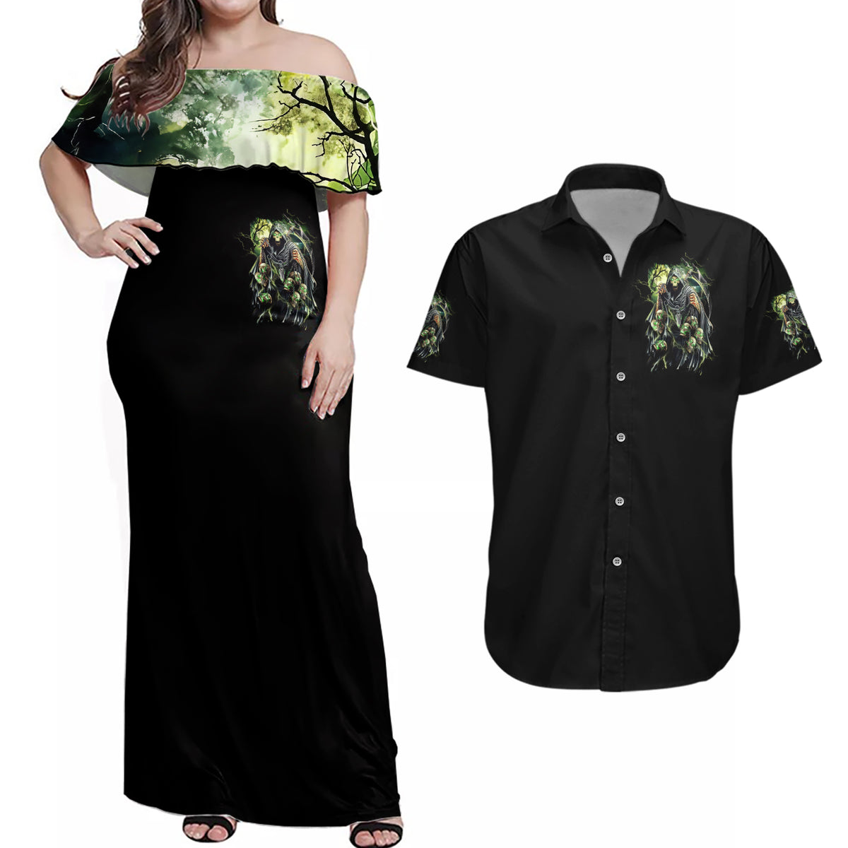 Skull Reaper Couples Matching Off Shoulder Maxi Dress and Hawaiian Shirt I Going To Hell Just Pick You Up - Wonder Print Shop