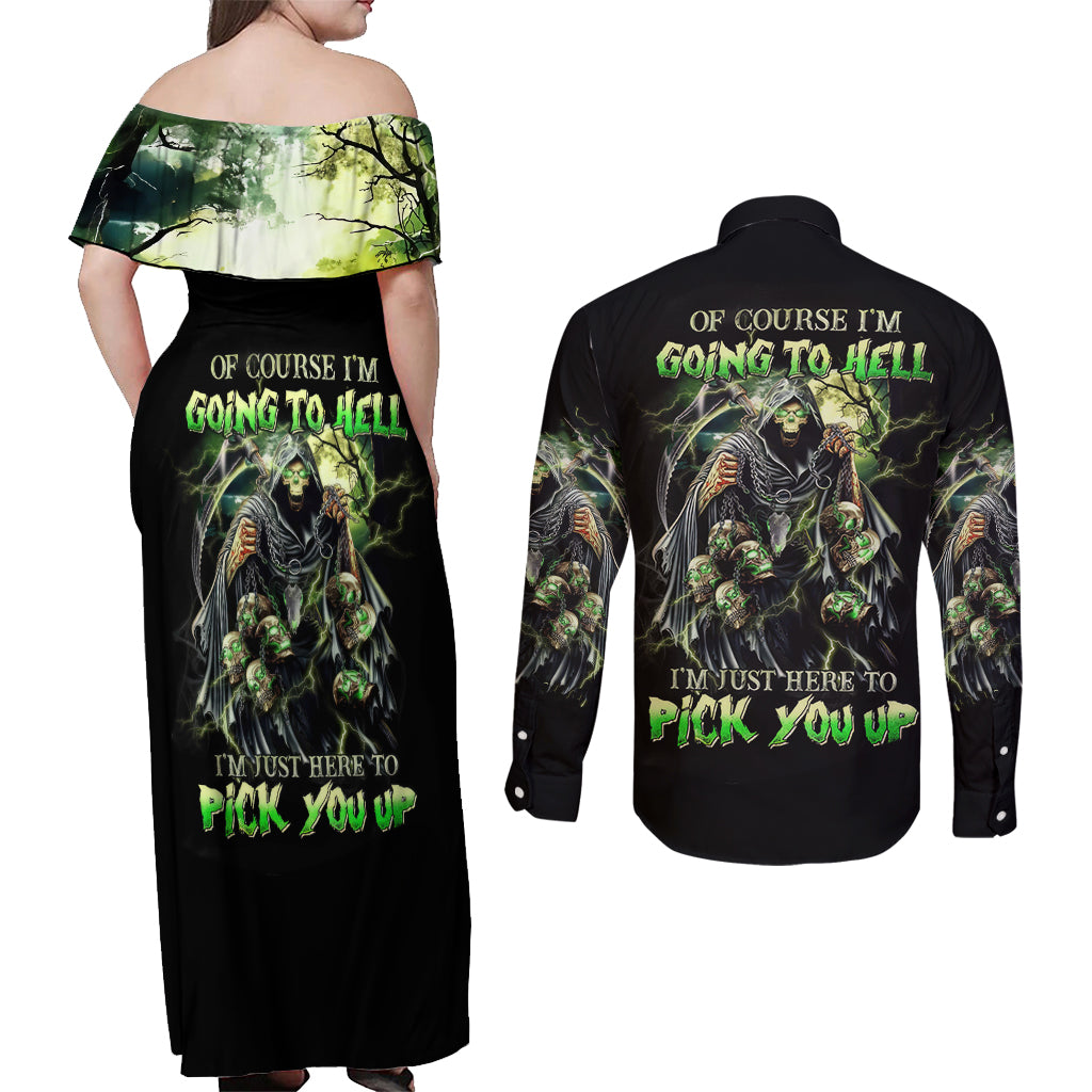 Skull Reaper Couples Matching Off Shoulder Maxi Dress and Long Sleeve Button Shirts I Going To Hell Just Pick You Up - Wonder Print Shop