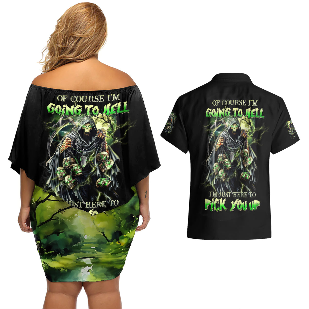 Skull Reaper Couples Matching Off Shoulder Short Dress and Hawaiian Shirt I Going To Hell Just Pick You Up - Wonder Print Shop