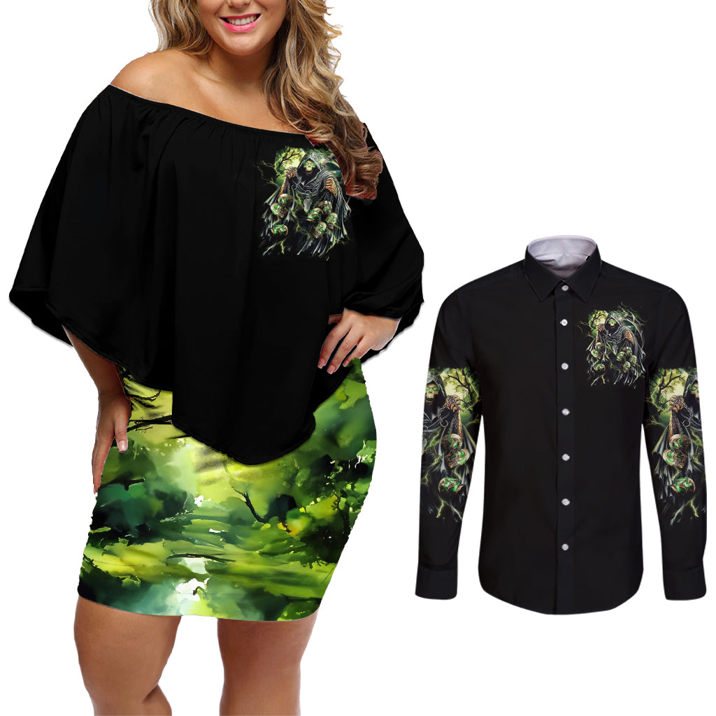 Skull Reaper Couples Matching Off Shoulder Short Dress and Long Sleeve Button Shirts I Going To Hell Just Pick You Up - Wonder Print Shop