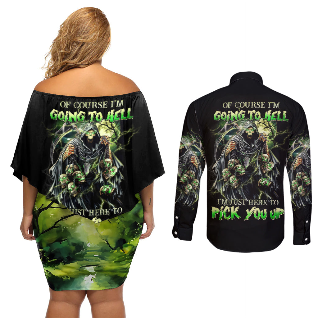Skull Reaper Couples Matching Off Shoulder Short Dress and Long Sleeve Button Shirts I Going To Hell Just Pick You Up - Wonder Print Shop