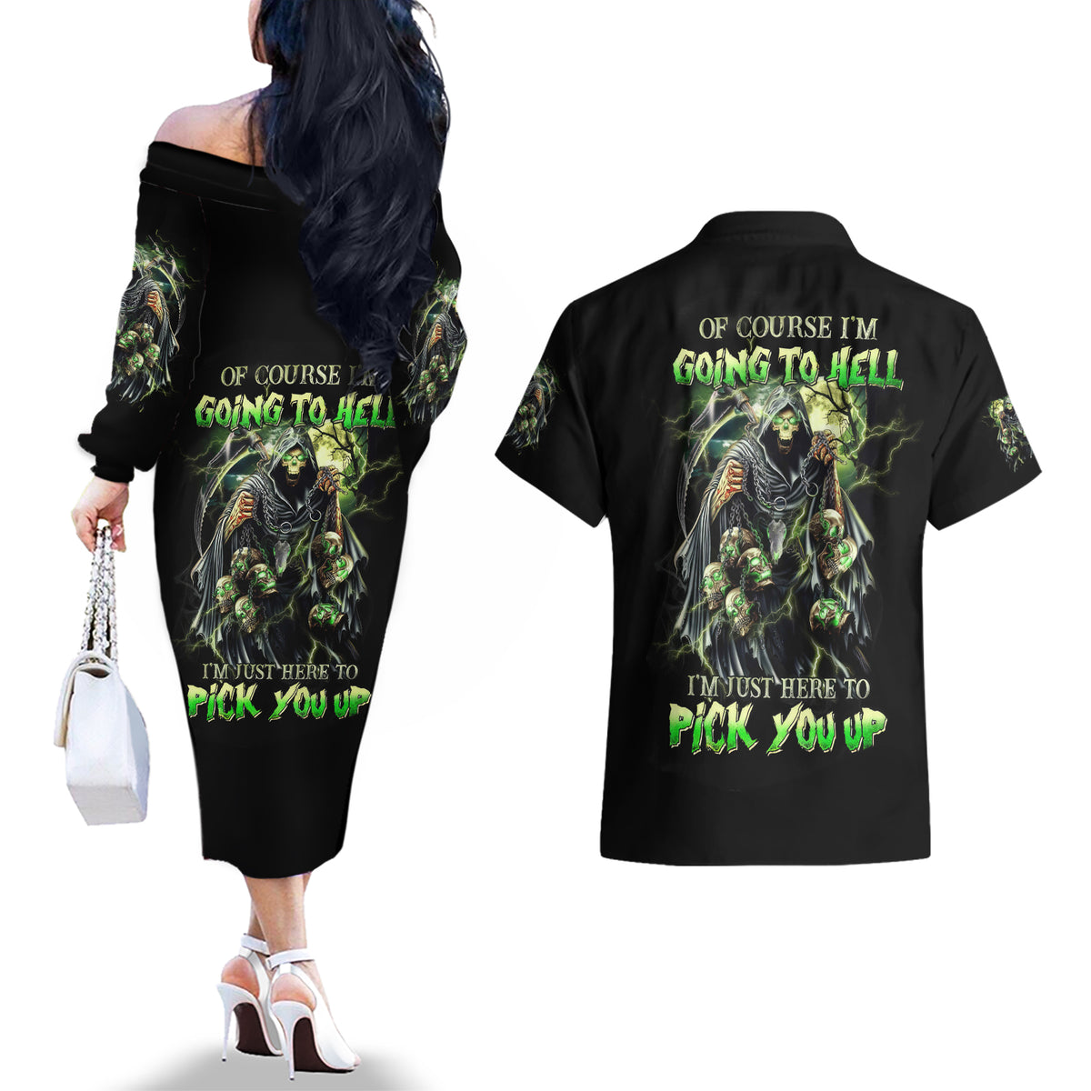Skull Reaper Couples Matching Off The Shoulder Long Sleeve Dress and Hawaiian Shirt I Going To Hell Just Pick You Up - Wonder Print Shop
