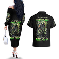 Skull Reaper Couples Matching Off The Shoulder Long Sleeve Dress and Hawaiian Shirt I Going To Hell Just Pick You Up - Wonder Print Shop