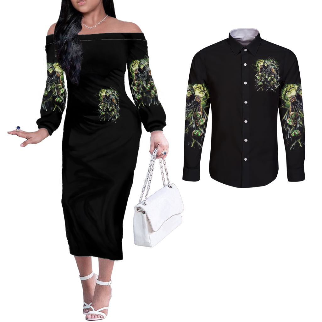 Skull Reaper Couples Matching Off The Shoulder Long Sleeve Dress and Long Sleeve Button Shirts I Going To Hell Just Pick You Up DT01