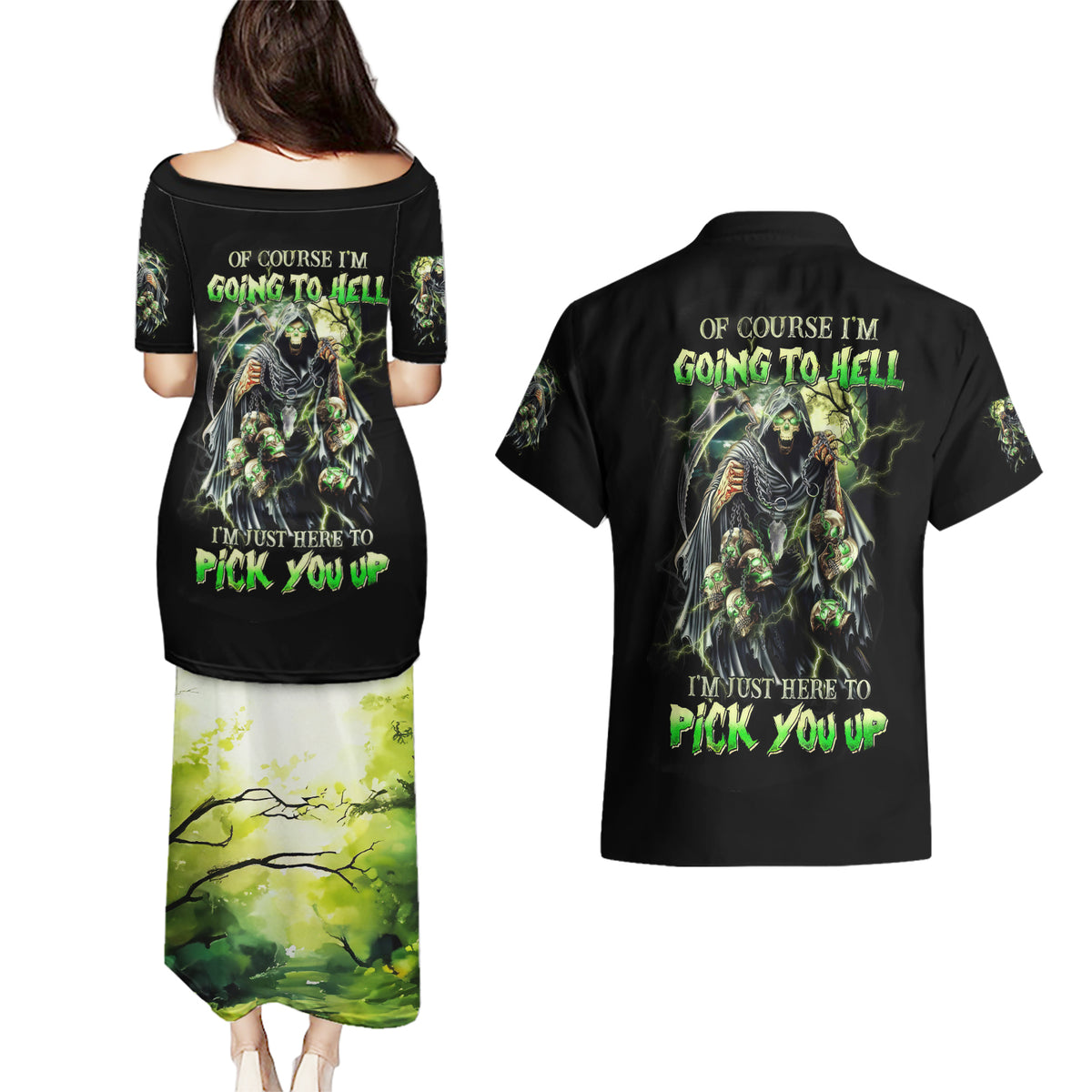 Skull Reaper Couples Matching Puletasi Dress and Hawaiian Shirt I Going To Hell Just Pick You Up - Wonder Print Shop