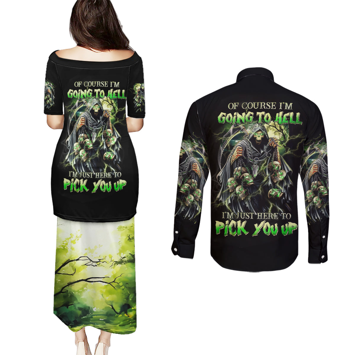 Skull Reaper Couples Matching Puletasi Dress and Long Sleeve Button Shirts I Going To Hell Just Pick You Up - Wonder Print Shop