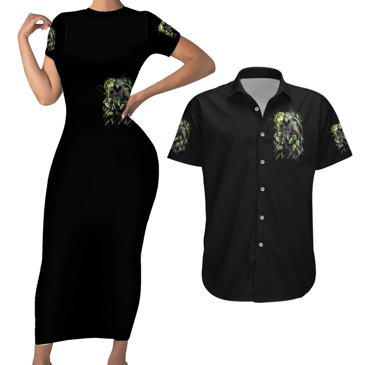 Skull Reaper Couples Matching Short Sleeve Bodycon Dress and Hawaiian Shirt I Going To Hell Just Pick You Up - Wonder Print Shop