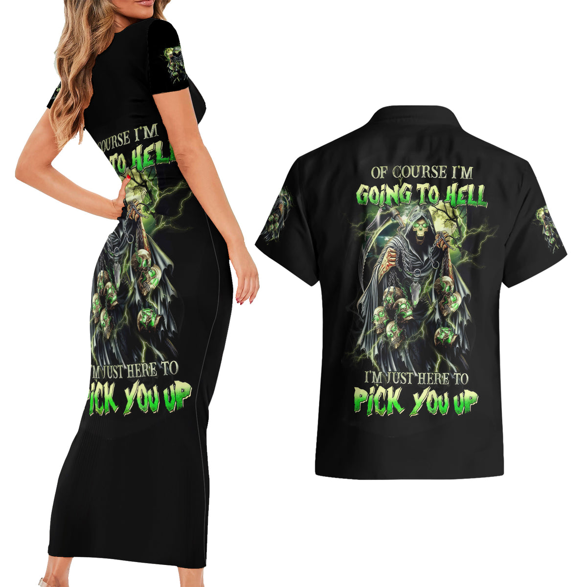 Skull Reaper Couples Matching Short Sleeve Bodycon Dress and Hawaiian Shirt I Going To Hell Just Pick You Up - Wonder Print Shop