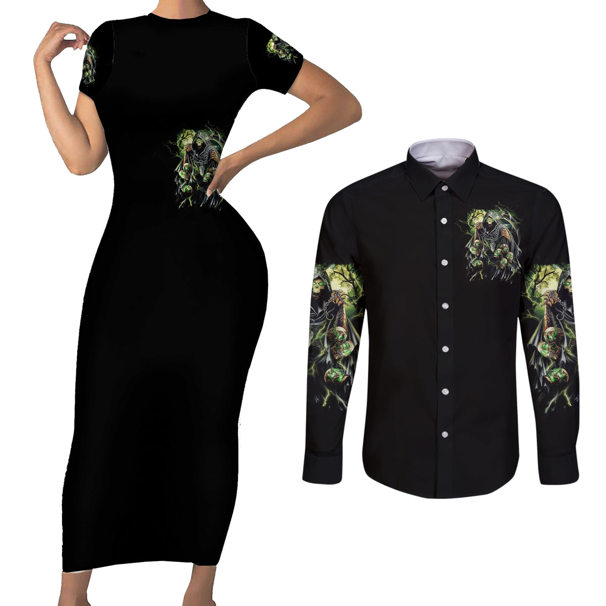 Skull Reaper Couples Matching Short Sleeve Bodycon Dress and Long Sleeve Button Shirts I Going To Hell Just Pick You Up - Wonder Print Shop