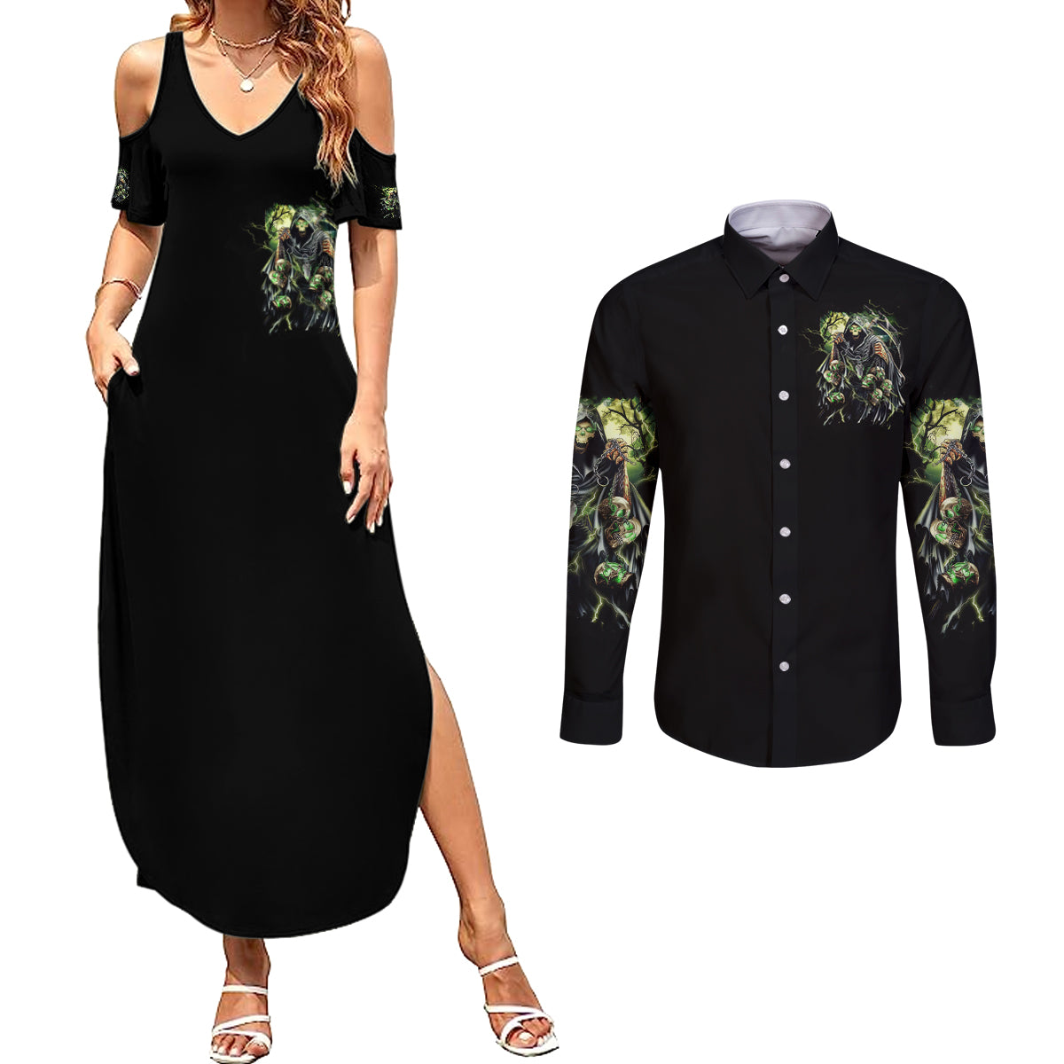 Skull Reaper Couples Matching Summer Maxi Dress and Long Sleeve Button Shirts I Going To Hell Just Pick You Up - Wonder Print Shop