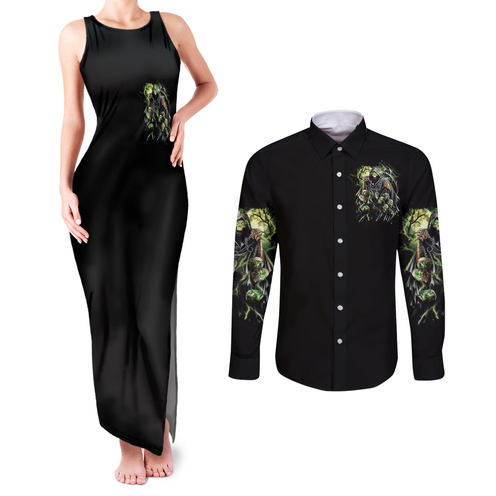 Skull Reaper Couples Matching Tank Maxi Dress and Long Sleeve Button Shirts I Going To Hell Just Pick You Up - Wonder Print Shop
