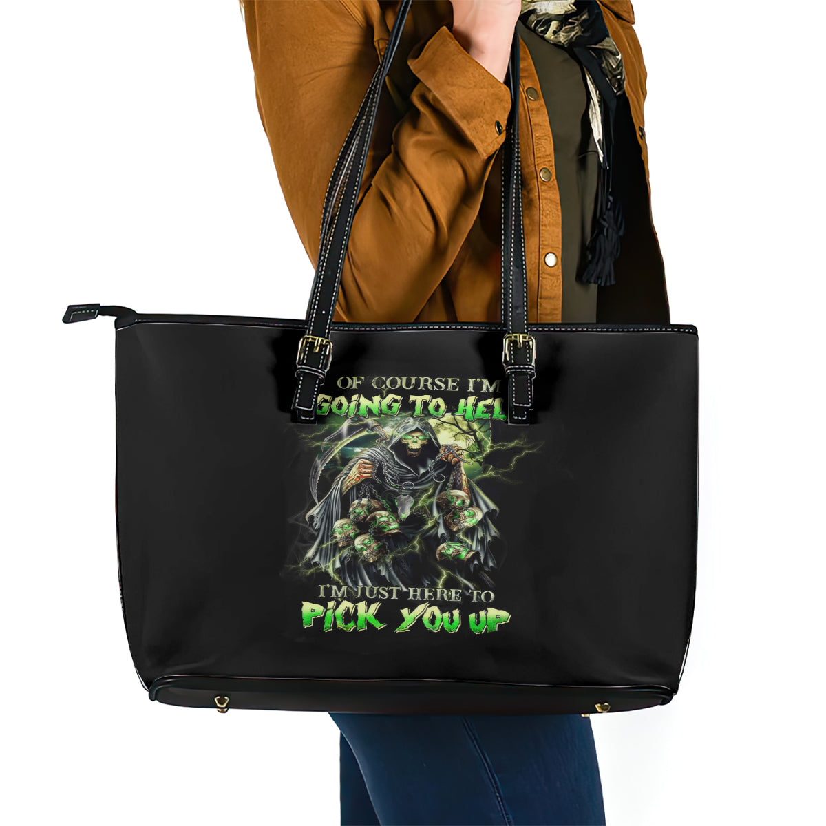 Skull Reaper Leather Tote Bag I Going To Hell Just Pick You Up - Wonder Print Shop