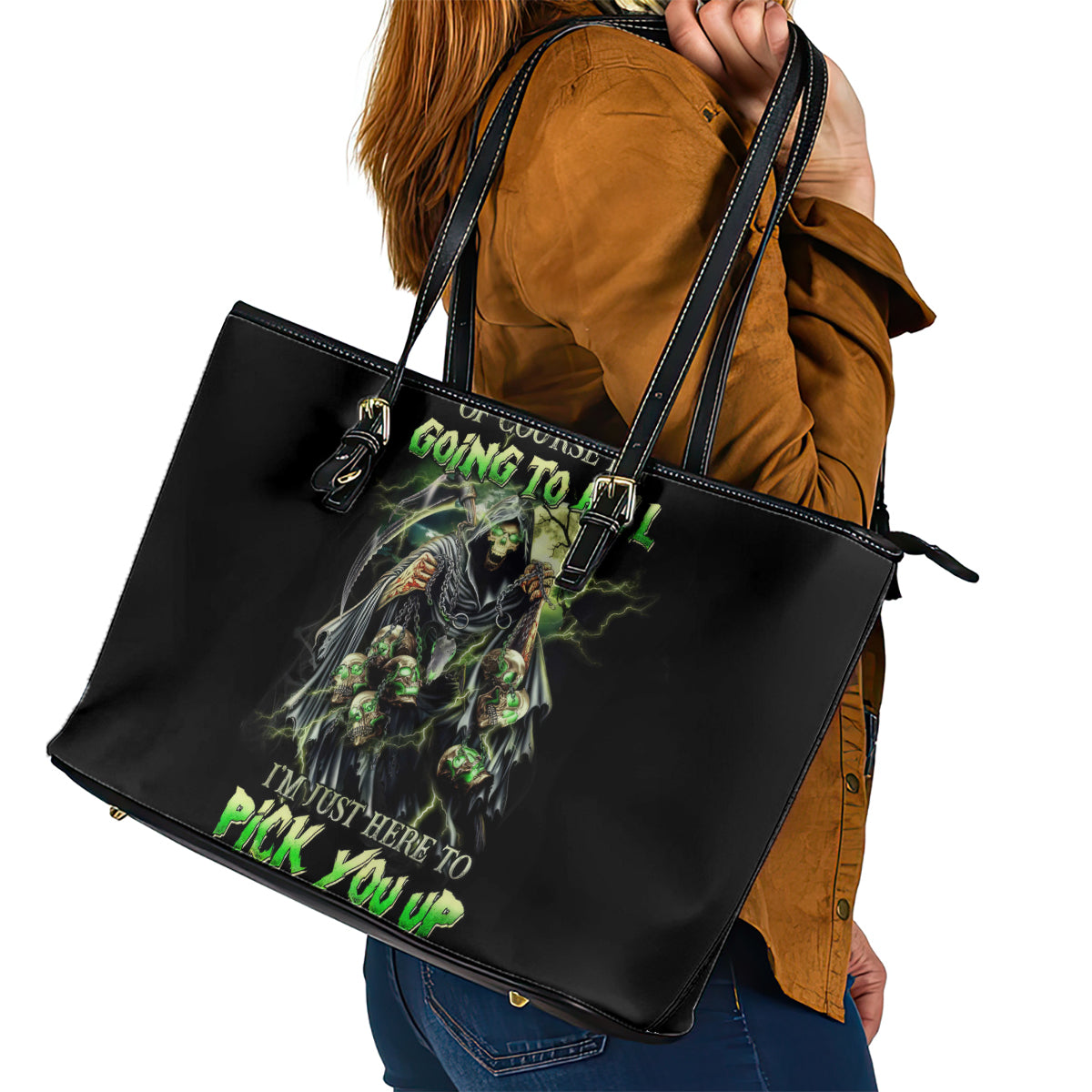 Skull Reaper Leather Tote Bag I Going To Hell Just Pick You Up - Wonder Print Shop