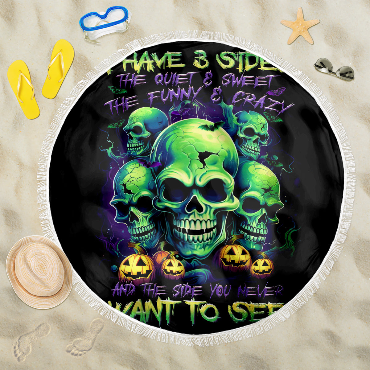 Skull Pumpkin Beach Blanket I Have Three Side Quite Funny And Side You Never Want - Wonder Print Shop