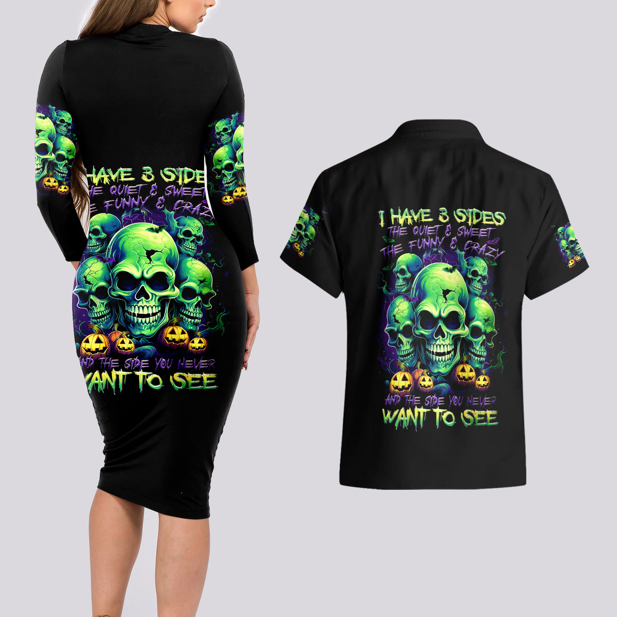 Skull Pumpkin Couples Matching Long Sleeve Bodycon Dress and Hawaiian Shirt I Have Three Side Quite Funny And Side You Never Want - Wonder Print Shop
