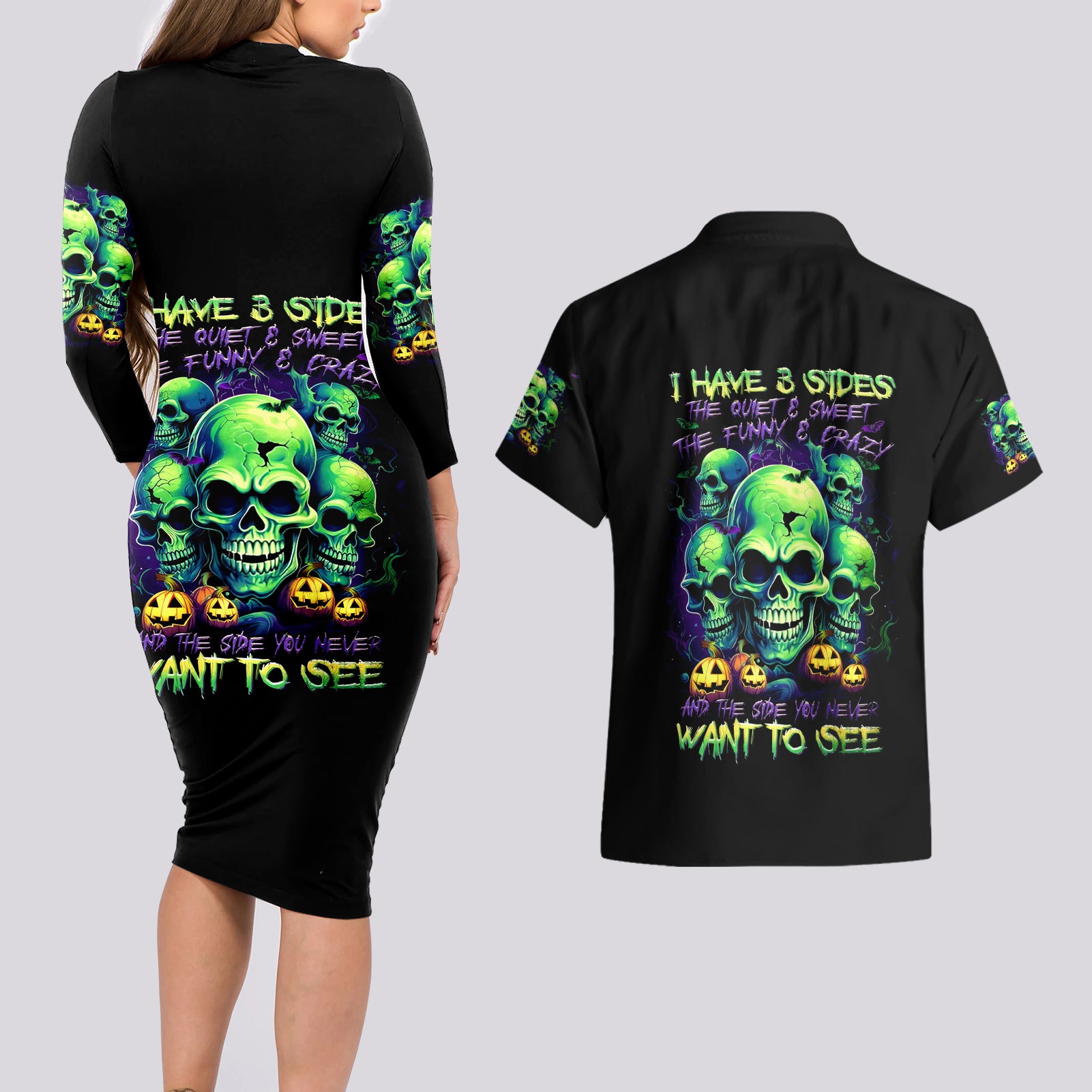 Skull Pumpkin Couples Matching Long Sleeve Bodycon Dress and Hawaiian Shirt I Have Three Side Quite Funny And Side You Never Want - Wonder Print Shop