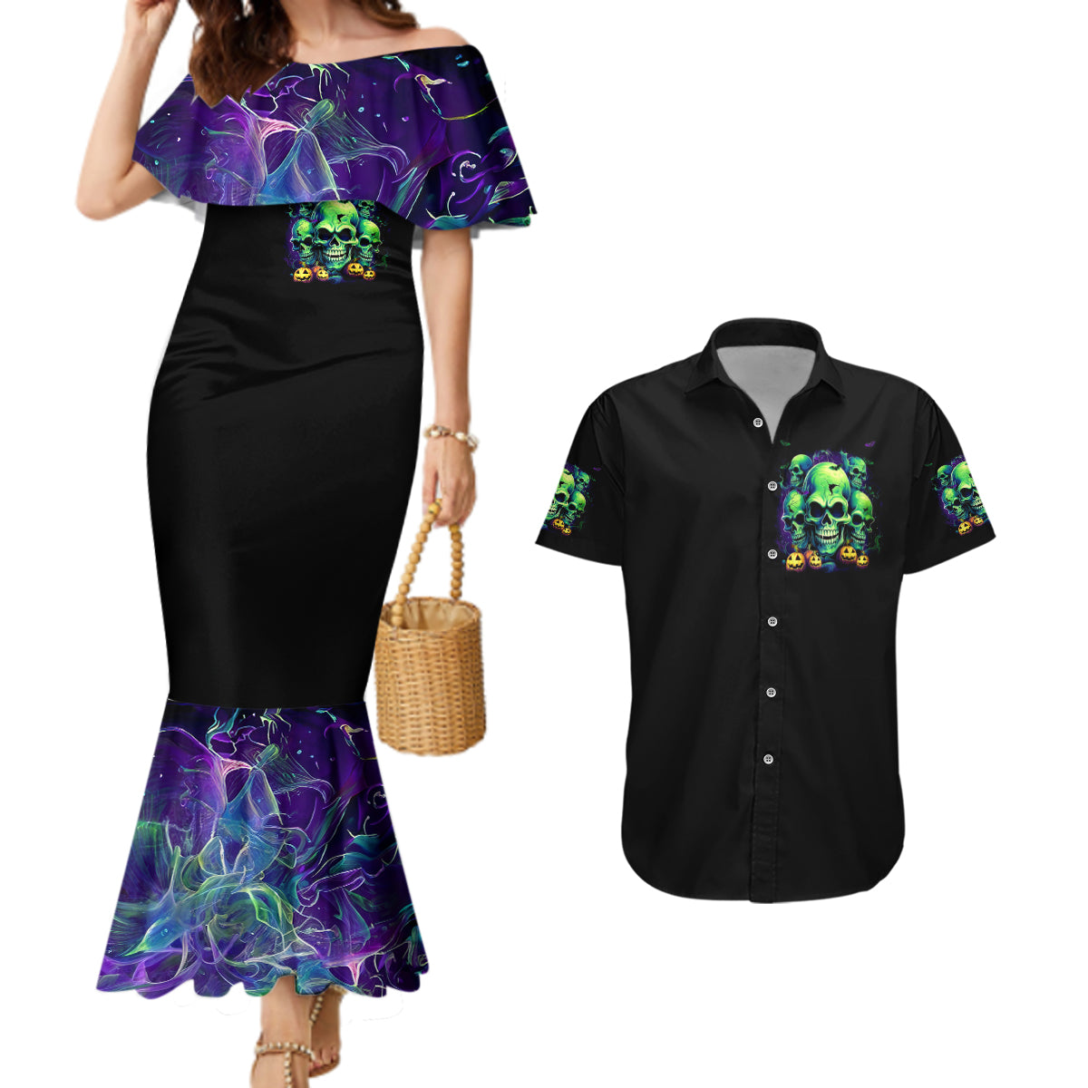 Skull Pumpkin Couples Matching Mermaid Dress and Hawaiian Shirt I Have Three Side Quite Funny And Side You Never Want - Wonder Print Shop