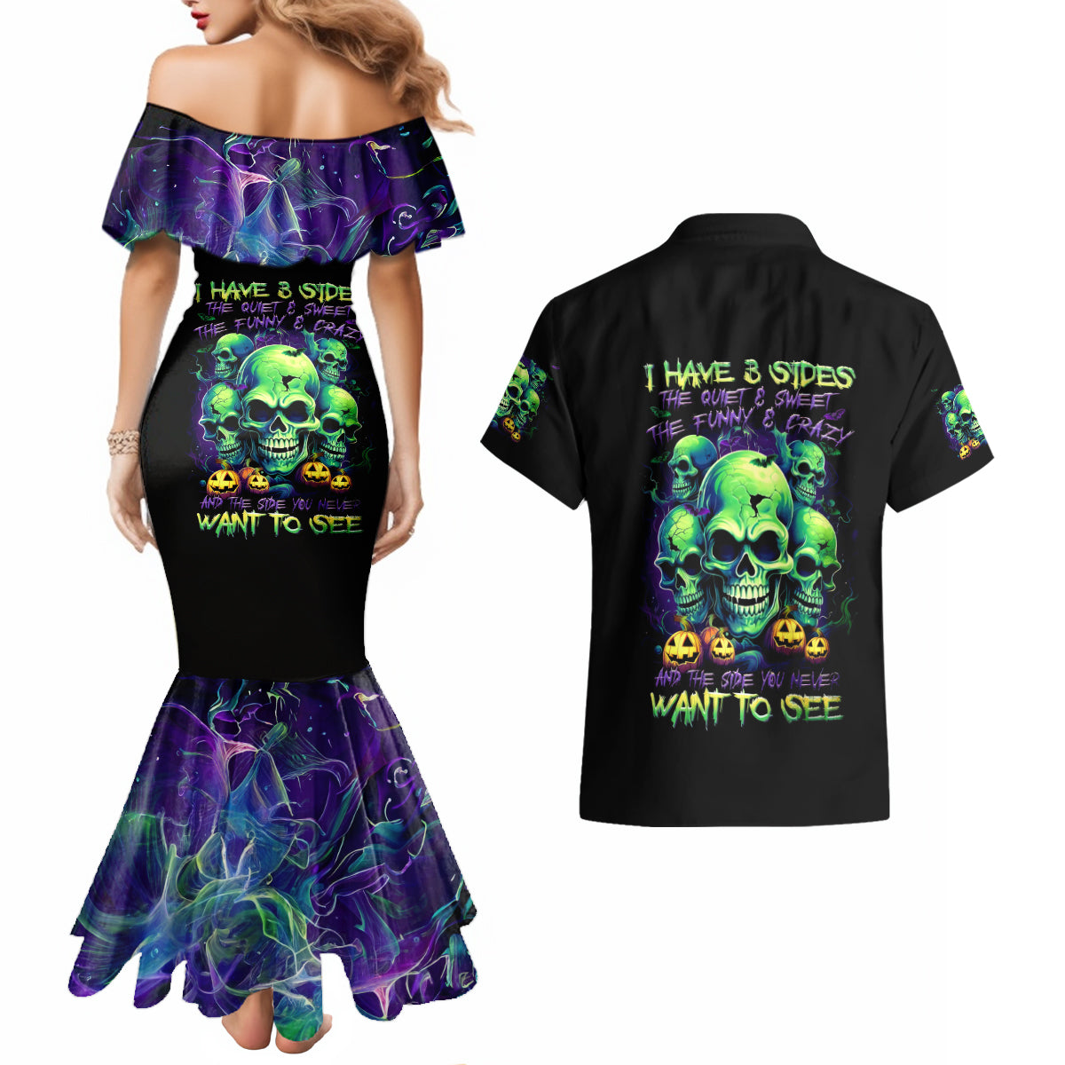 Skull Pumpkin Couples Matching Mermaid Dress and Hawaiian Shirt I Have Three Side Quite Funny And Side You Never Want - Wonder Print Shop