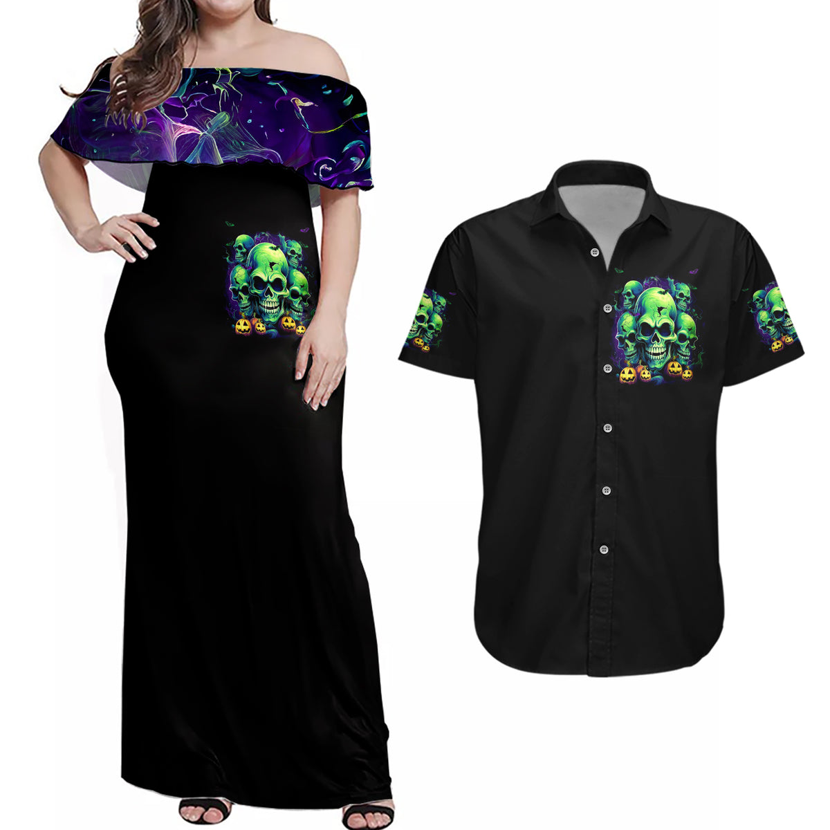 Skull Pumpkin Couples Matching Off Shoulder Maxi Dress and Hawaiian Shirt I Have Three Side Quite Funny And Side You Never Want - Wonder Print Shop